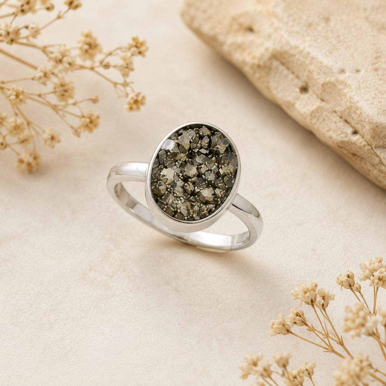 Brillo de Abundancia – Anillo de Pirita Natural en Plata 950